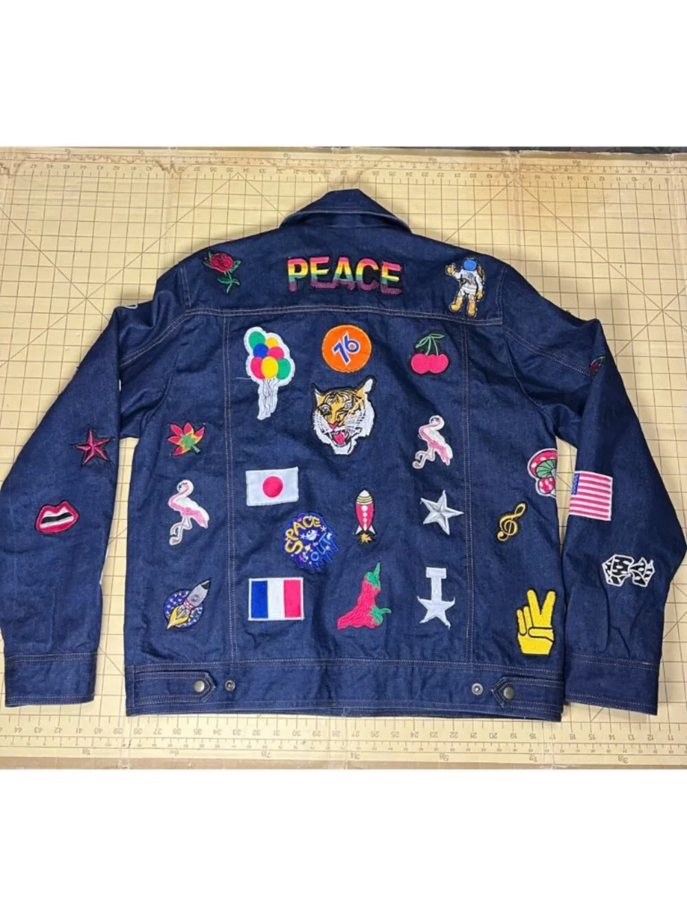 Custom Denim Jacket With Colorful Patches & Embroidery Full Zip Closure Unique D - Picture 2 of 5